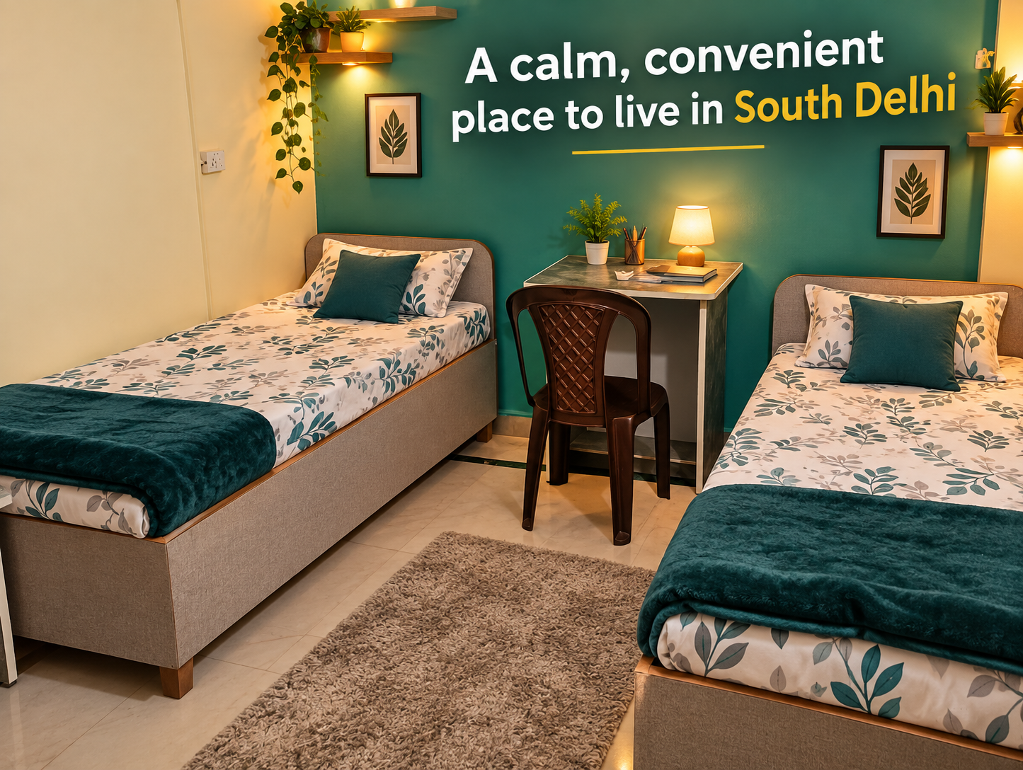 Modern furnished PG bedroom with comfortable bed