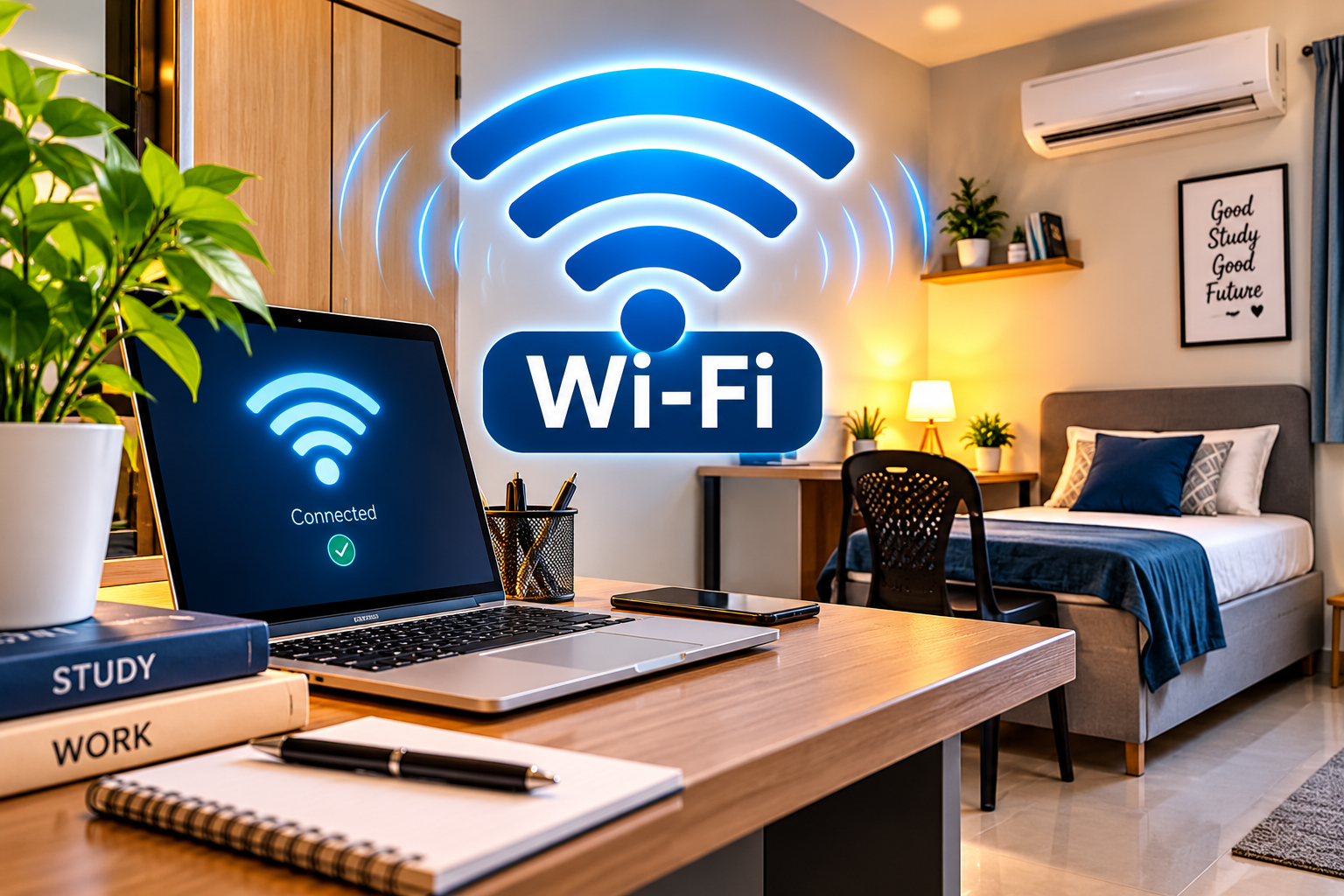 Laptop showing Wi-Fi enabled workspace